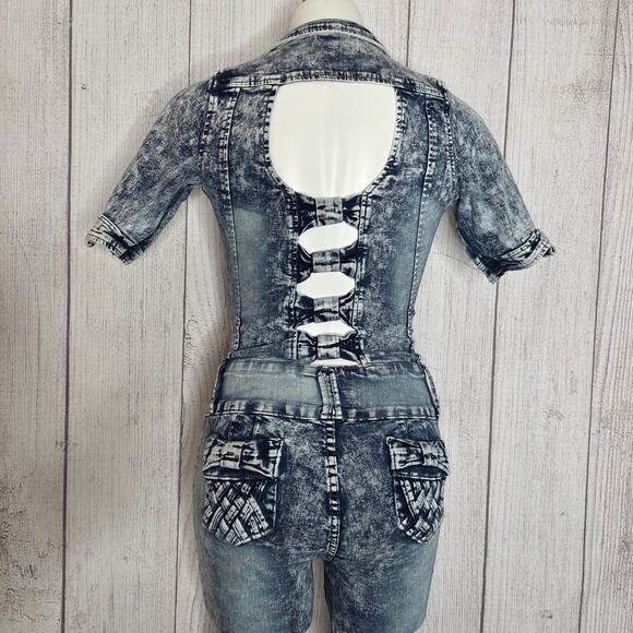 Y2K Acid Wash Distressed Denim Jumpsuit w Cut-outs, Bows & Woven Accents, sz 5 - Picture 10 of 14